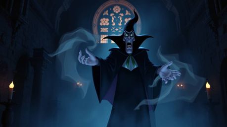 A classic Disney villain dramatically casts a spell within the ancient walls of a crumbling castle. This captivating scene is