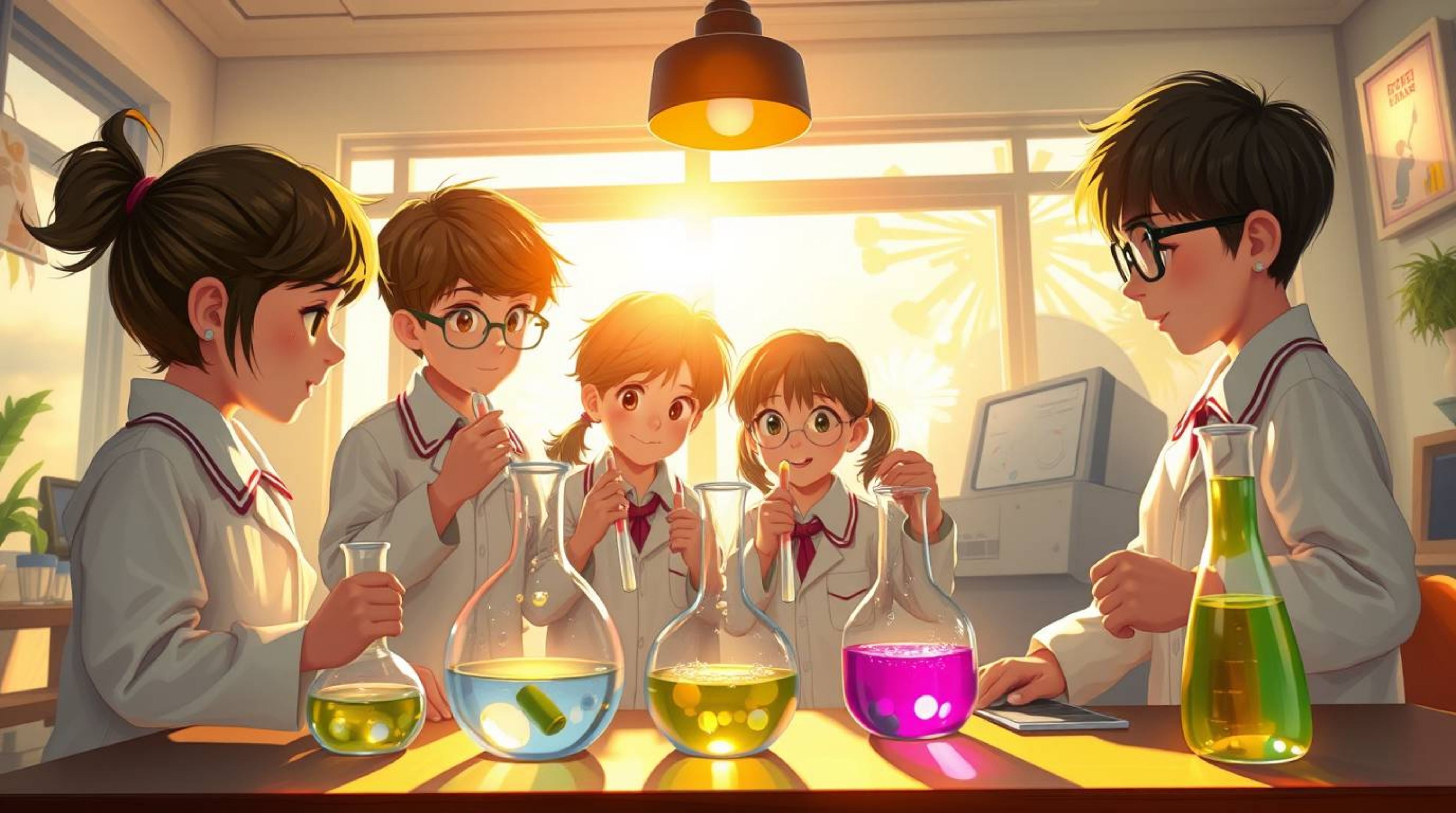 This digital painting captures a heartwarming scene of a group of quirky children in their school uniforms enthusiastically e