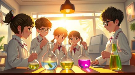 This digital painting captures a heartwarming scene of a group of quirky children in their school uniforms enthusiastically e