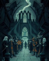 Explore an eerie and creepy illustration of a magical school teeming with young wizards. The artwork utilizes dark tones and 
