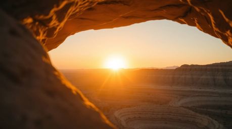 A breathtaking close-up captures a vibrant sunset radiating a luxurious golden glow, as seen through a natural rock arch in t