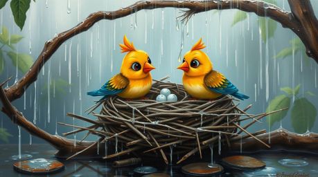 A captivating image depicting two cartoon birds diligently building a nest in a classic animation style, rendered with the ri