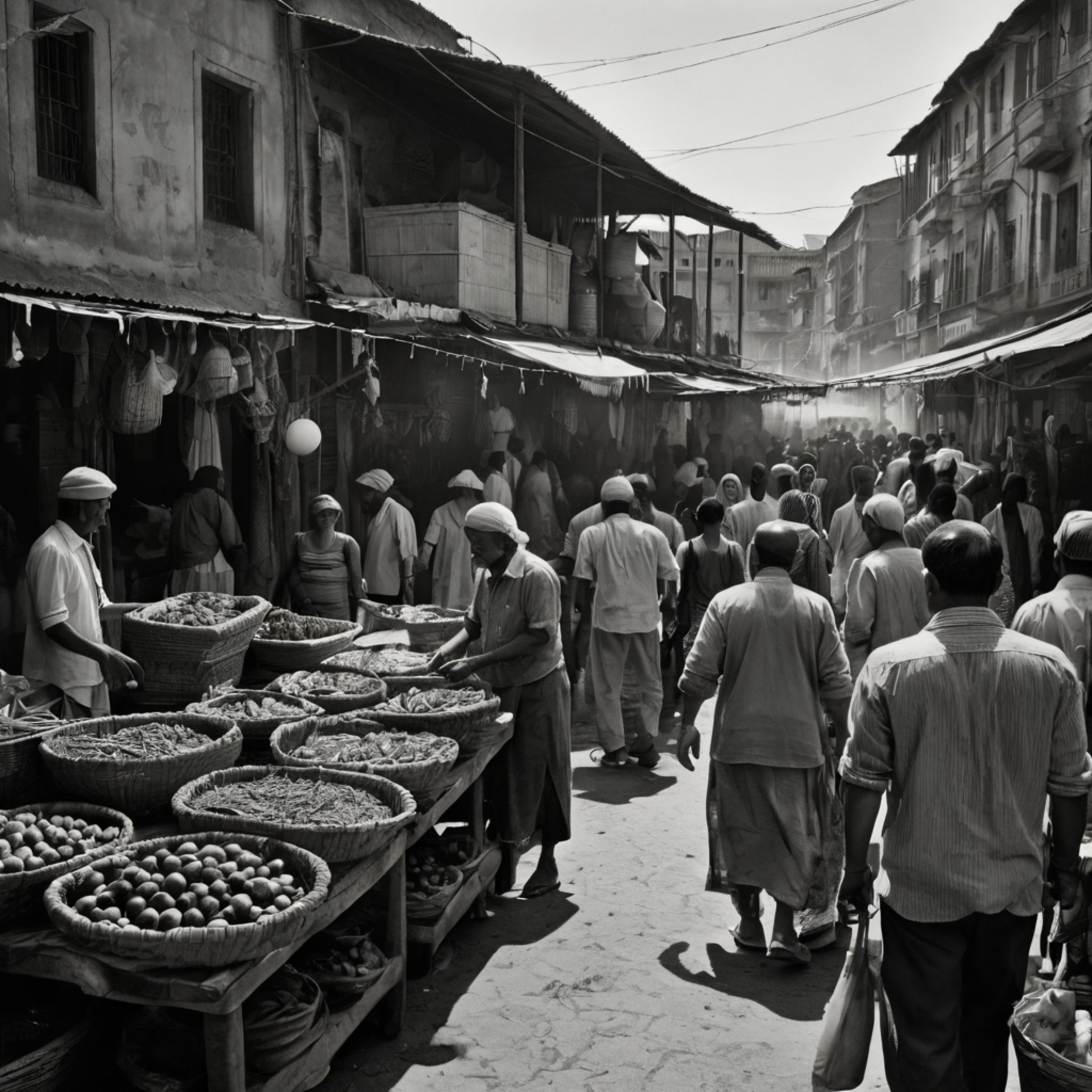 A detailed pencil sketch capturing the vibrant energy of a bustling street market. The artwork features meticulous shading to