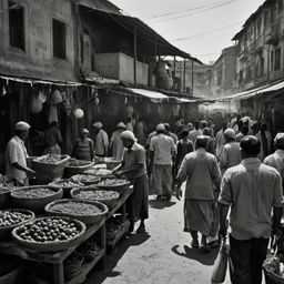 A detailed pencil sketch capturing the vibrant energy of a bustling street market. The artwork features meticulous shading to