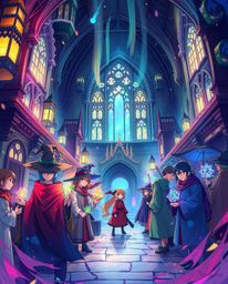 Explore a vibrant isekai anime-style illustration showcasing a magical school teeming with young wizards. The artwork feature