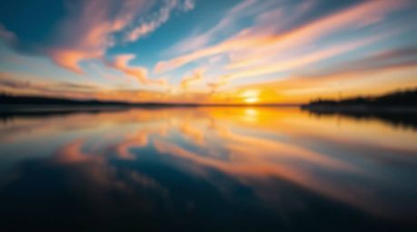 Capture the tranquility of a serene lake mirroring a vibrant sunset sky. This stunning image features a distinctly split comp