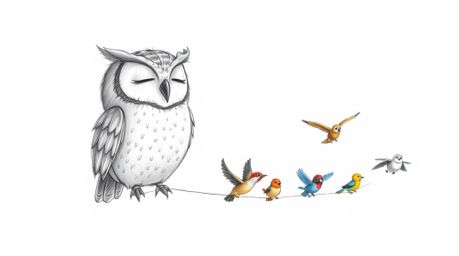 A heartwarming hand-drawn sketch in the style of Pixar depicts a wise, blind owl gently guiding a diverse class of small bird