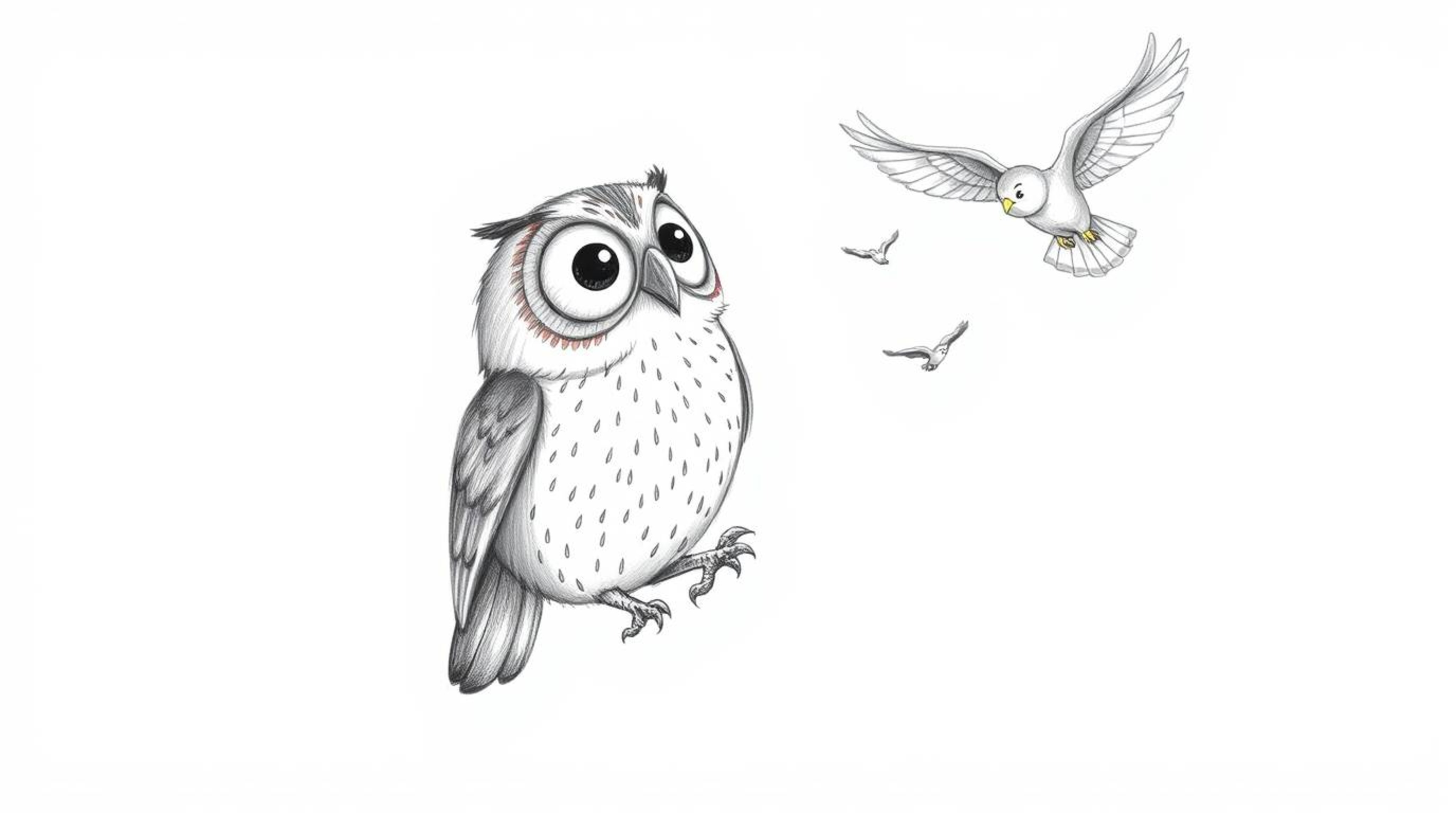 A heartwarming scene depicts a blind owl, rendered in a charming hand-drawn Pixar style sketch, guiding birds in flight using
