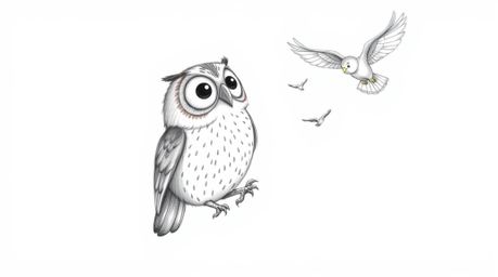 A heartwarming scene depicts a blind owl, rendered in a charming hand-drawn Pixar style sketch, guiding birds in flight using