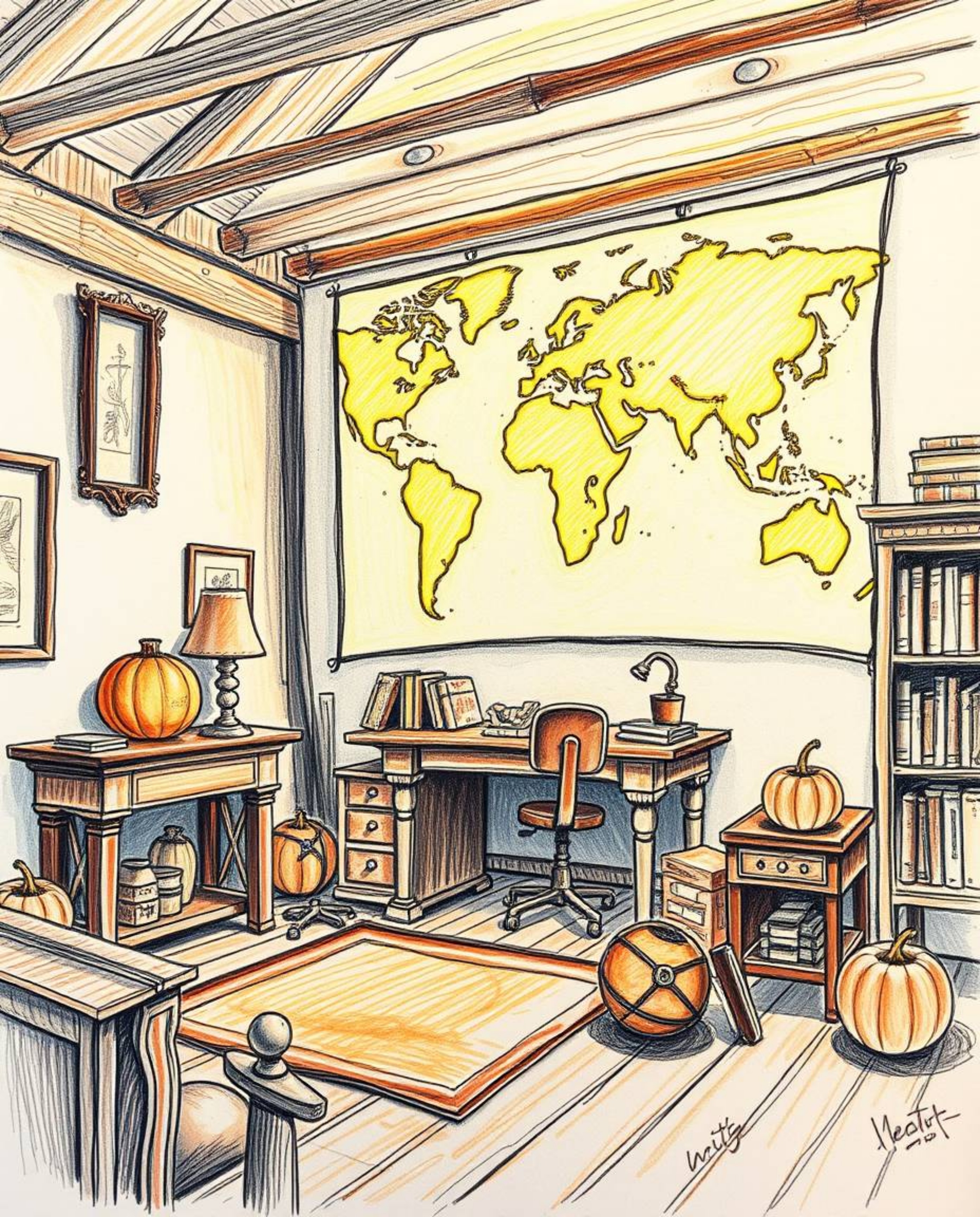 This image depicts a hand-drawn sketch of a glowing map projection situated within an old study, rendered in the warm and inv