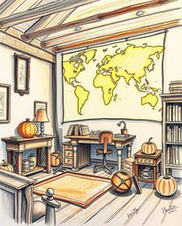 This image depicts a hand-drawn sketch of a glowing map projection situated within an old study, rendered in the warm and inv