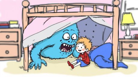 A heartwarming hand-drawn sketchnote depicts an unlikely friendship between a child and a friendly monster hiding under the b