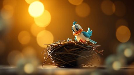 A captivating light art photograph showcases two charming cartoon birds diligently constructing their nest. Rendered in a cl