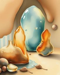 A delicate watercolor painting depicting surreal, melted glass shapes in a warm autumnal palette. The hyperrealistic, translu