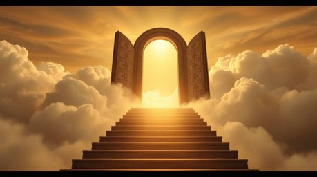A fine art photograph capturing a heavenly gate suspended above the clouds, with stairs ascending towards it as golden light