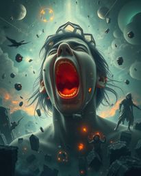 Witness a person's desperate scream as their reality disintegrates into shimmering pixels, enveloped in an ethereal spiritual