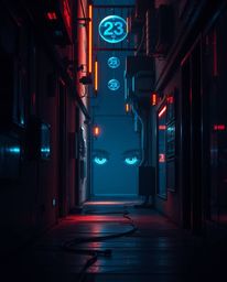 Experience a futuristic sci-fi vision of eyes peering from the darkness of a shadowy alley at night. This image showcases adv