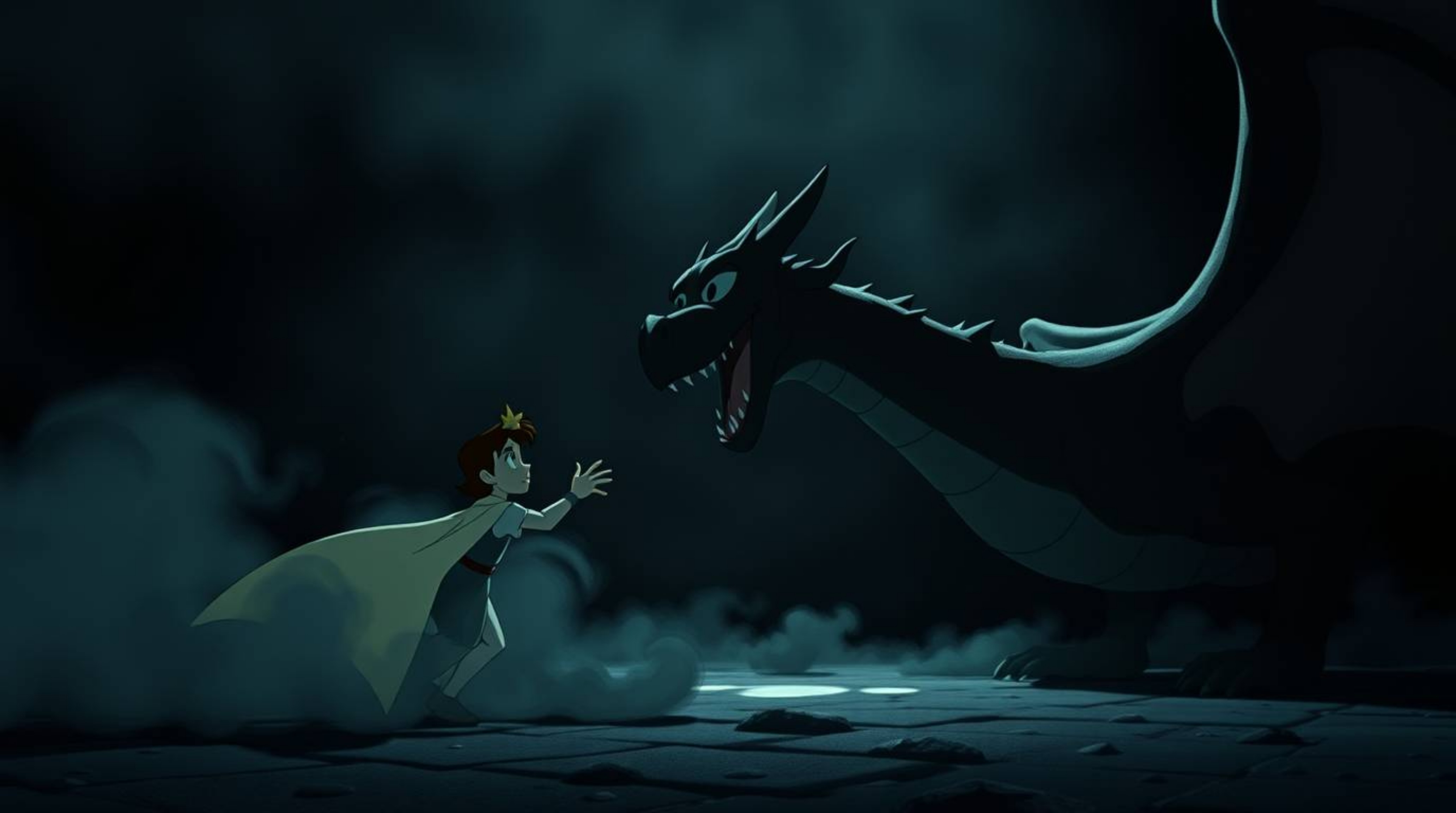 A captivating animation in the style of the 1950s depicts a charming prince battling a fearsome dragon.  The scene is rendere