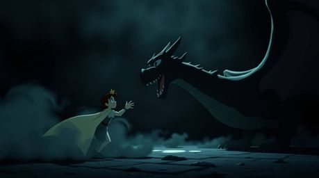 A captivating animation in the style of the 1950s depicts a charming prince battling a fearsome dragon.  The scene is rendere