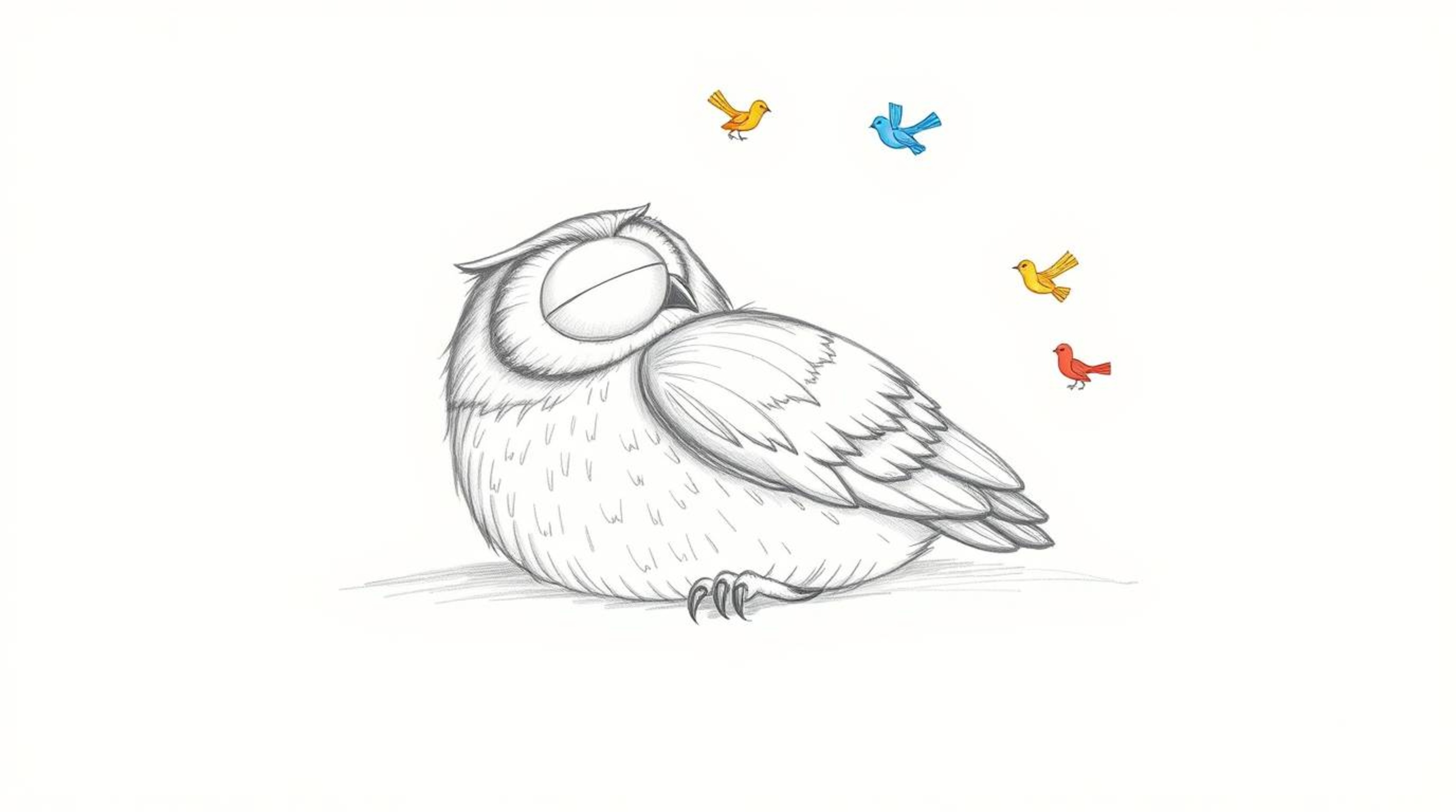 A hand-drawn, textured pencil sketch showcasing a blind owl, rendered in a Pixar-esque style, finds serenity in rest.  Small,