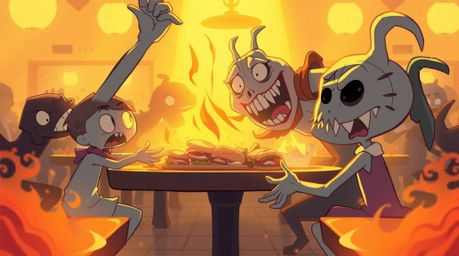 Experience a graceful and elegant cartoon cafeteria food fight, featuring refined features and a warm golden glow that create