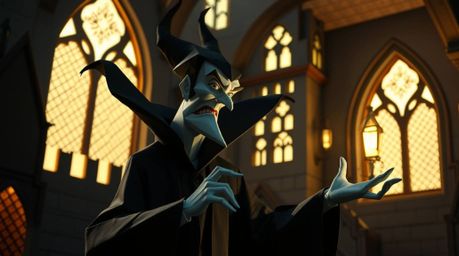Witness a classic Disney villain, characterized by sharp features and pale skin, conjuring a powerful spell within the ancien