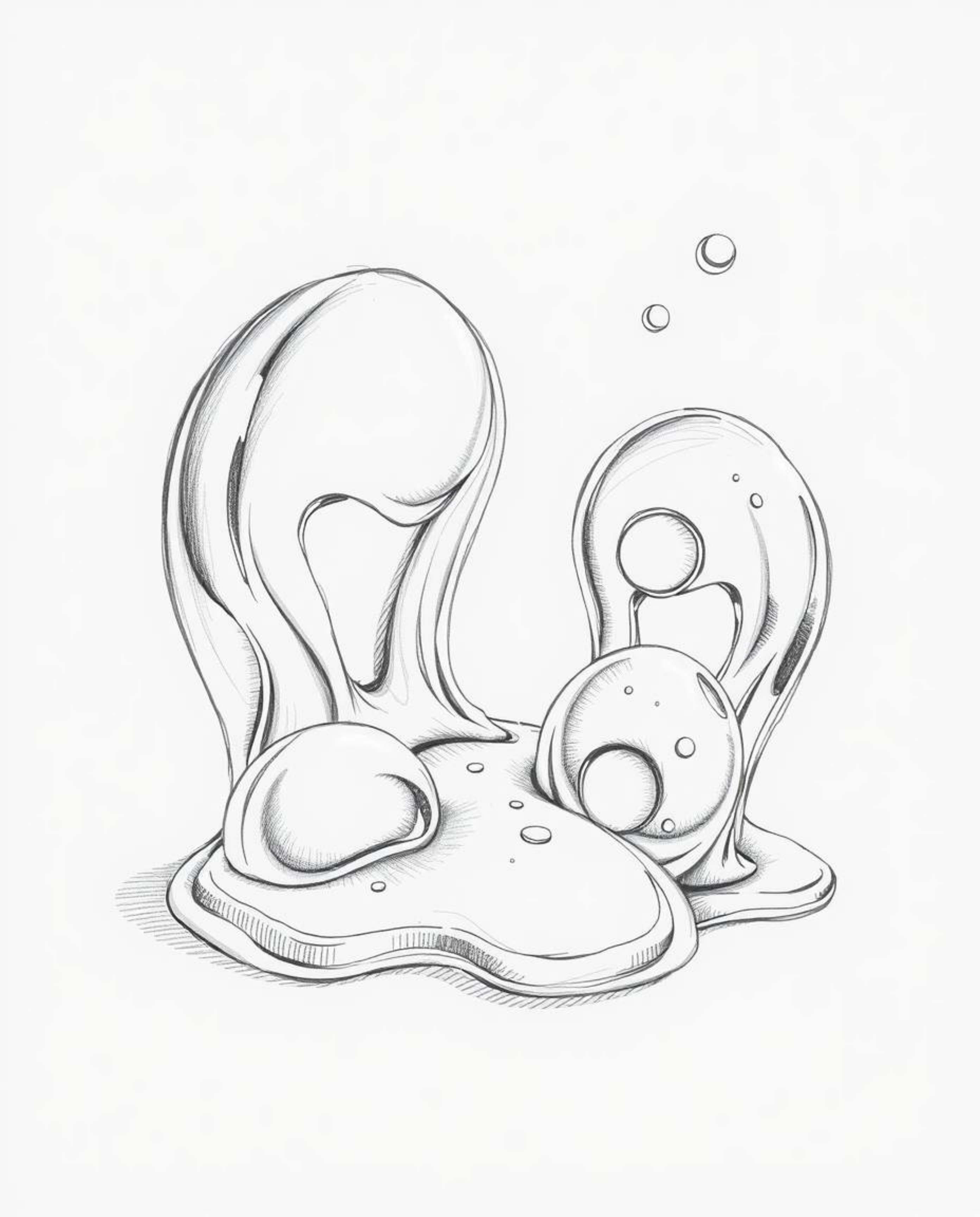 This image features a hand-drawn sketch of adorable and cute surreal 3D fluid shapes resembling melted glass. The hyperrealis