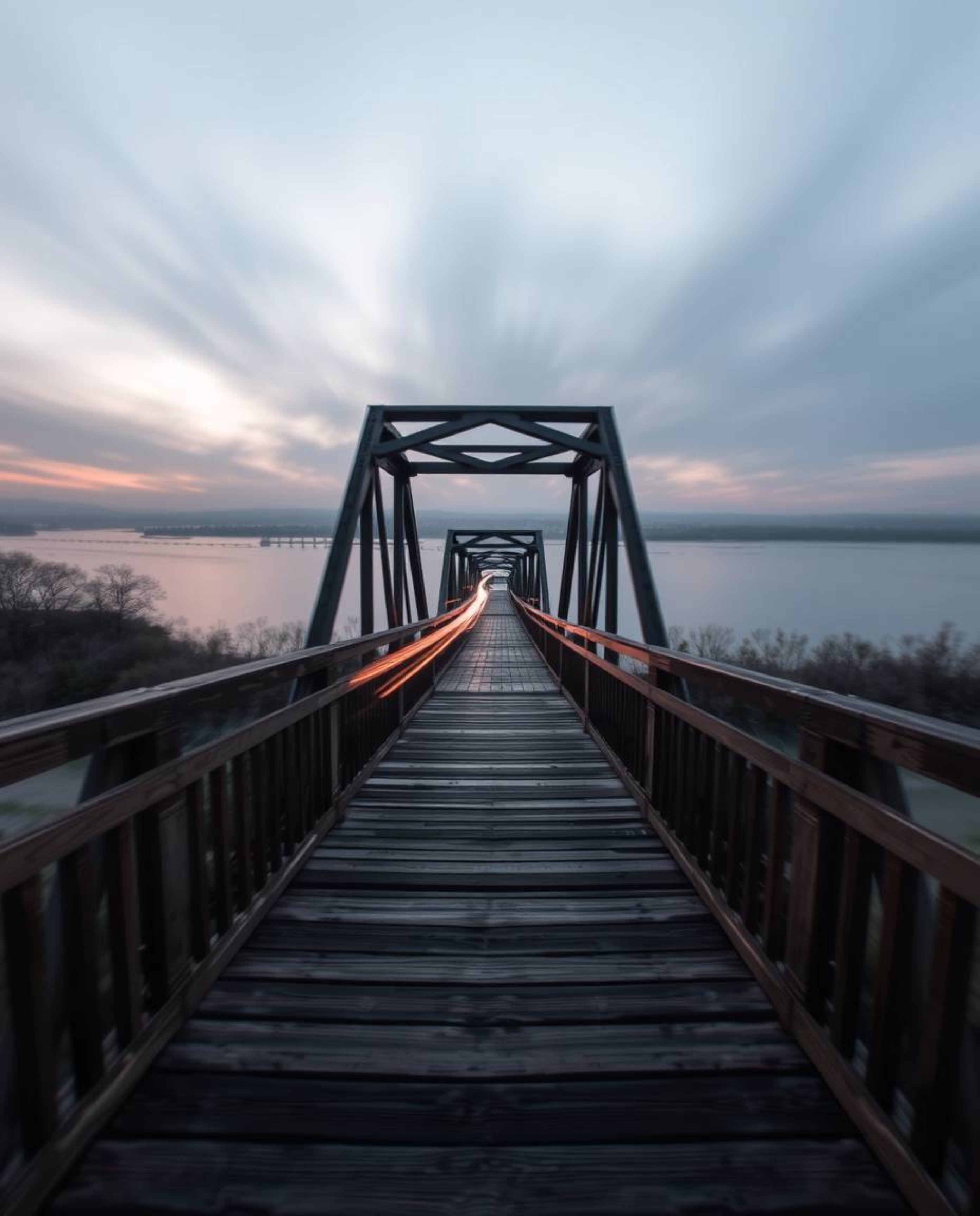 A long-exposure photograph, taken from a bird's-eye view, captures an old wooden bridge spanning a river at sunset. This uniq