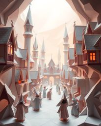 Discover a magical school brimming with young wizards, rendered in an intricate origami style.  Experience a dreamy atmospher