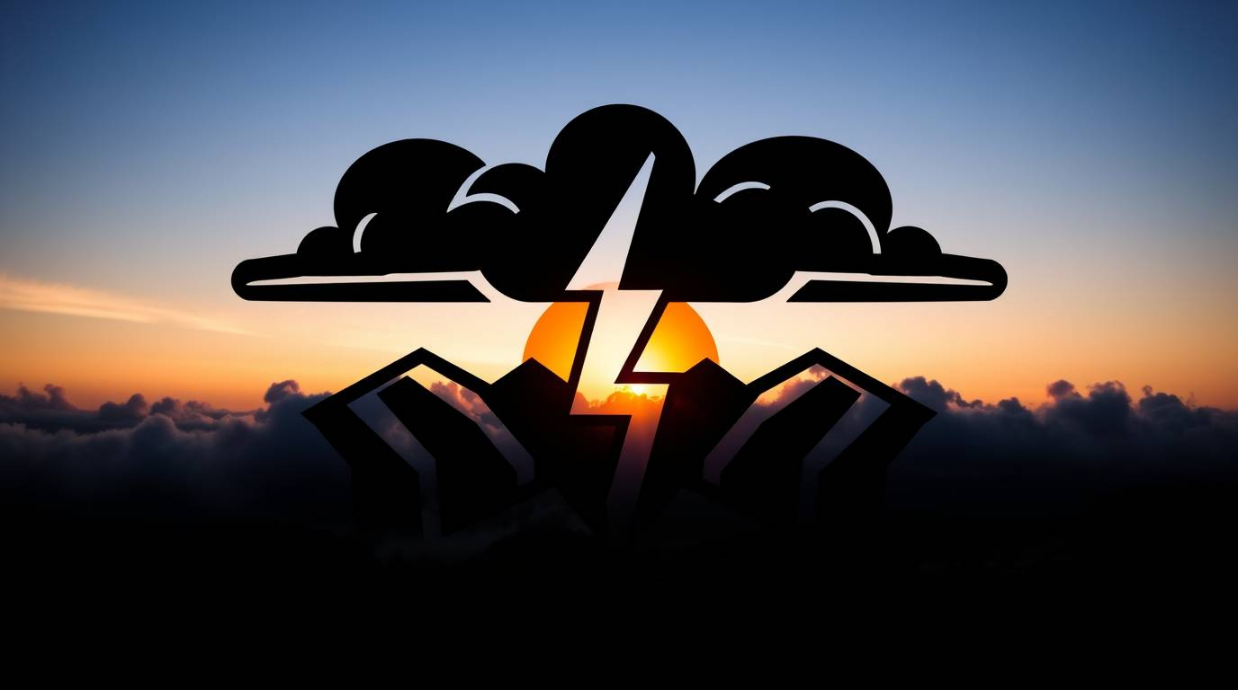 A captivating geometric logo design featuring intense jet black against a backdrop of dramatic thunderstorm clouds illuminate