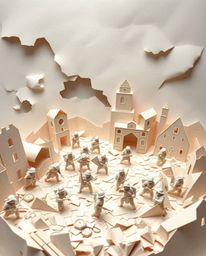 Intricate origami paper folds create a stunning depiction of a battlefield, showcasing time-warped soldiers amidst crumbling 