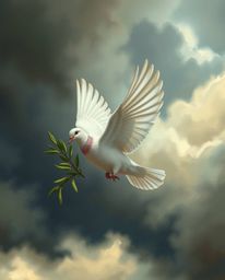 A classic oil painting depicts a dove carrying an olive branch amidst stormy skies, creating a dramatic and cinematic scene. 