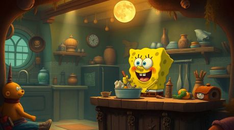 Dive into a mystic and enchanting underwater kitchen where a sponge character cooks amidst warm autumn colors. This ethereal 