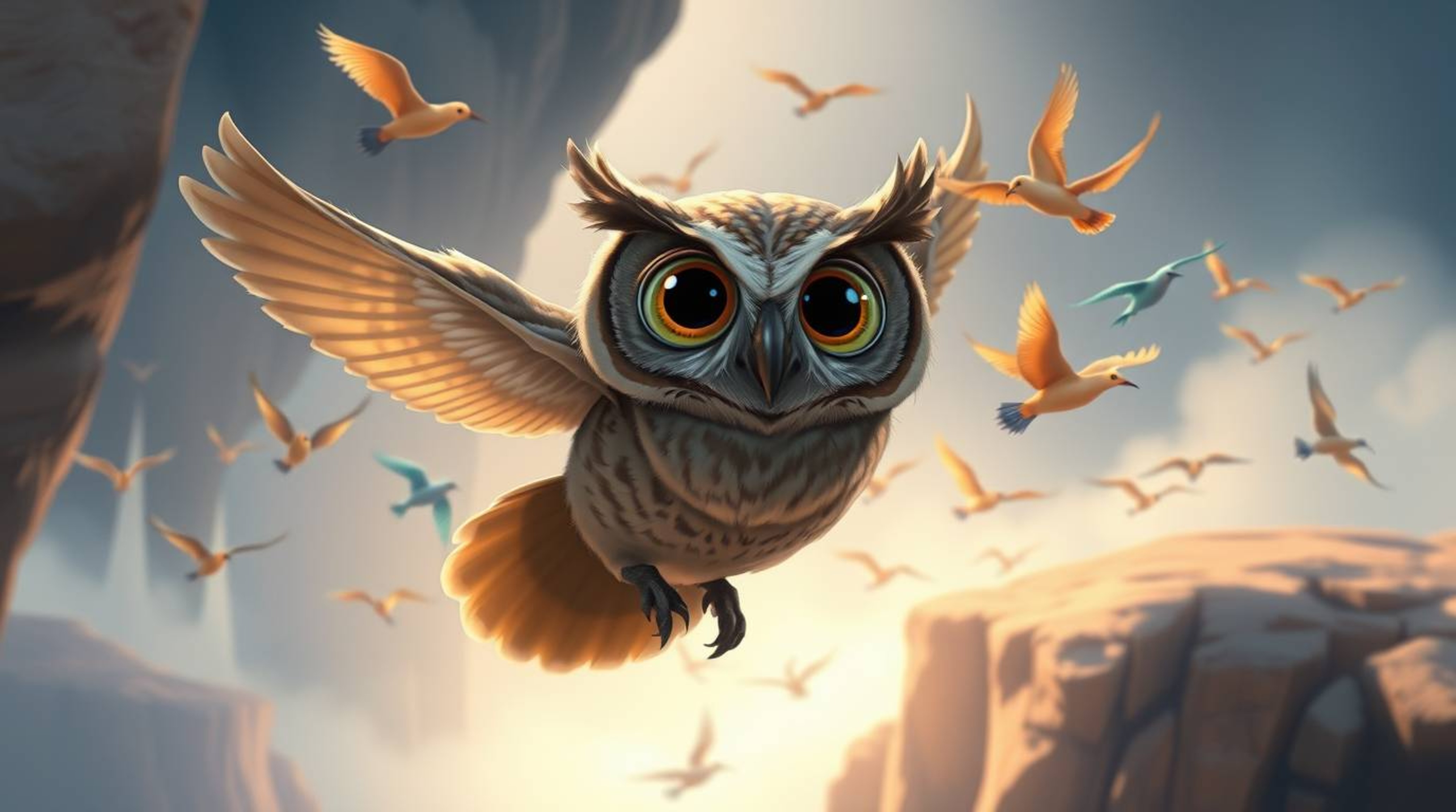 This enchanting digital painting, created in the heartwarming style of Pixar, features a blind owl with large, expressive eye