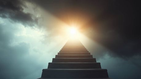 A surreal stairway ascends through smoky clouds towards a celestial light, captured in a low angle perspective with a soft ci