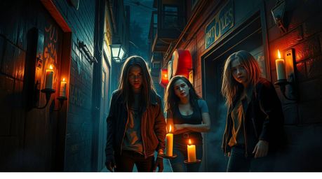 Dreamlike and surreal imagery depicts rebellious teens in a grungy city alley illuminated by warm candlelight. This setting e