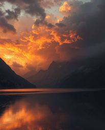 An eerie and creepy atmosphere pervades a scene depicting the reflections of fiery clouds in a mountain lake. Paradoxically, 