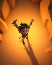 Experience a bird's-eye view of a courageous, Disney-style hero embarking on an exciting desert adventure. The scene is bathe