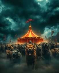 Experience the chaos and beauty of a carnival overtaken by wild animals amidst intense dramatic weather. Witness stormy skies