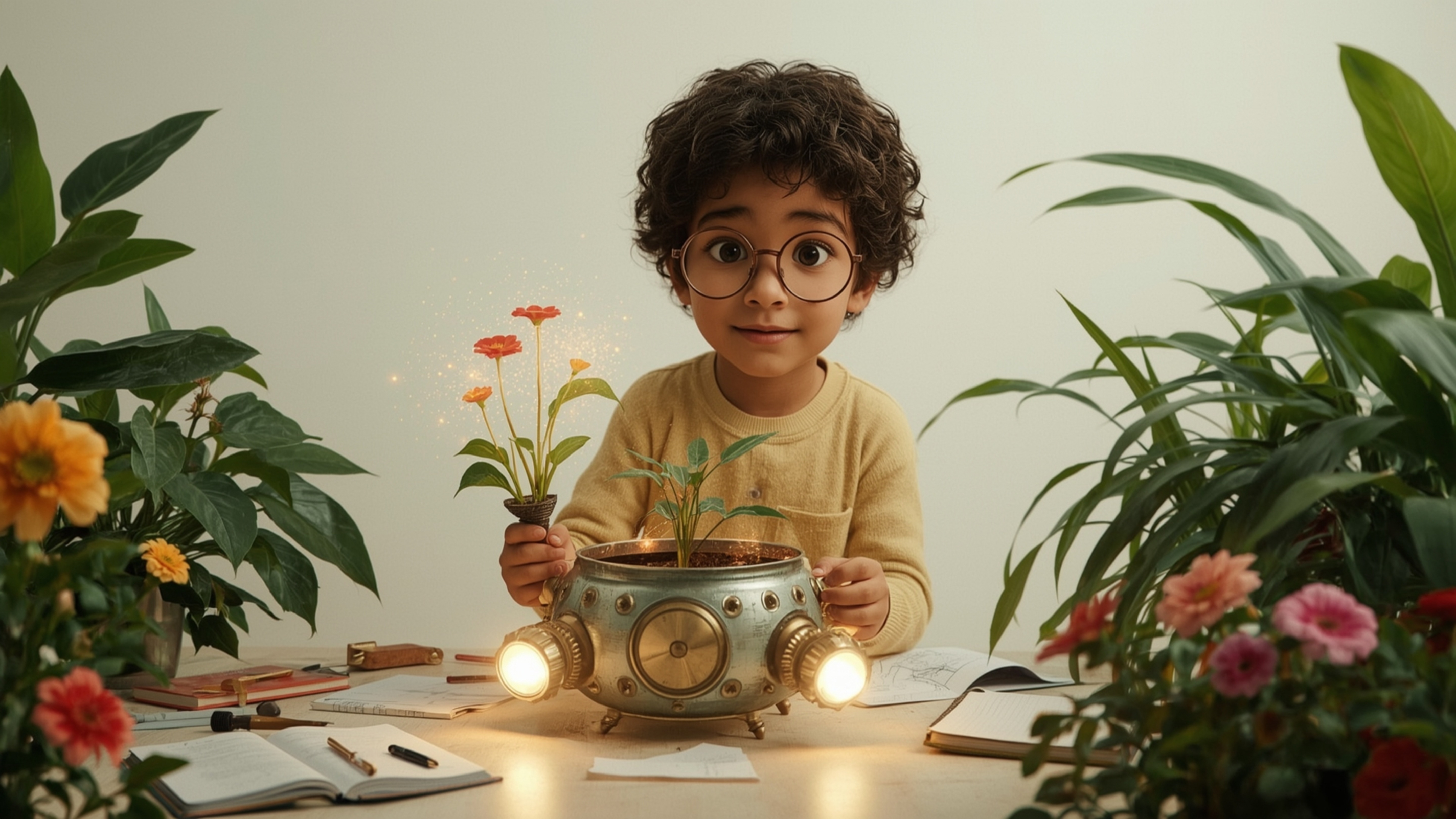 A highly detailed, high-resolution stock photo features a bright-eyed, bespectacled young genius with a Pixar-inspired charac