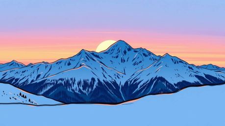 A captivating sketchnote-style artwork featuring snow-covered mountains bathed in the warm glow of a pastel sunset. The hand-