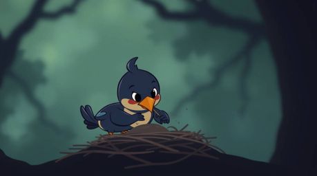 A strong, moody image depicting two cartoon birds in a classic animation style diligently building a nest. The sharp subject