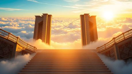 A breathtaking high-resolution stock photo depicting a graceful, elegant heavenly gate ascending above clouds, bathed in gold