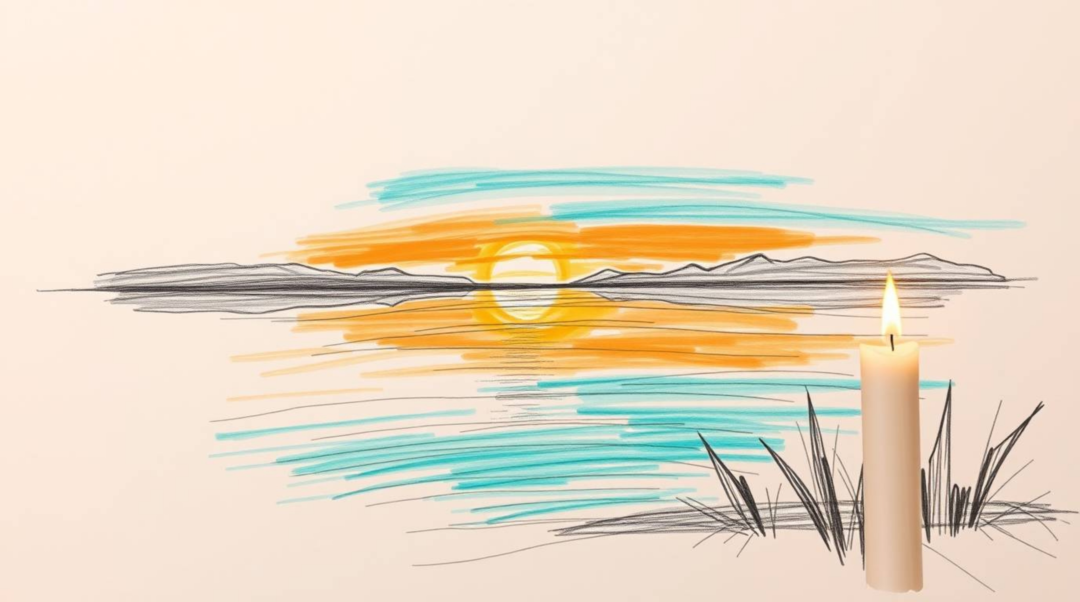 A captivating hand-drawn sketch depicts a tranquil lake mirroring the vibrant hues of a sunset.  Warm terracotta and cool tea