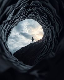 This stunning image captures an extreme macro close-up of a person, seemingly miniature against the backdrop of a tunnel's en