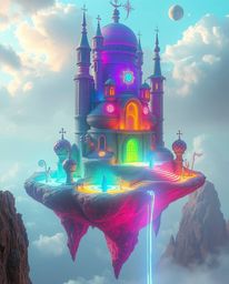 Explore a breathtaking surreal floating island featuring bizarre architecture and vibrant electric colors, radiating a mystic