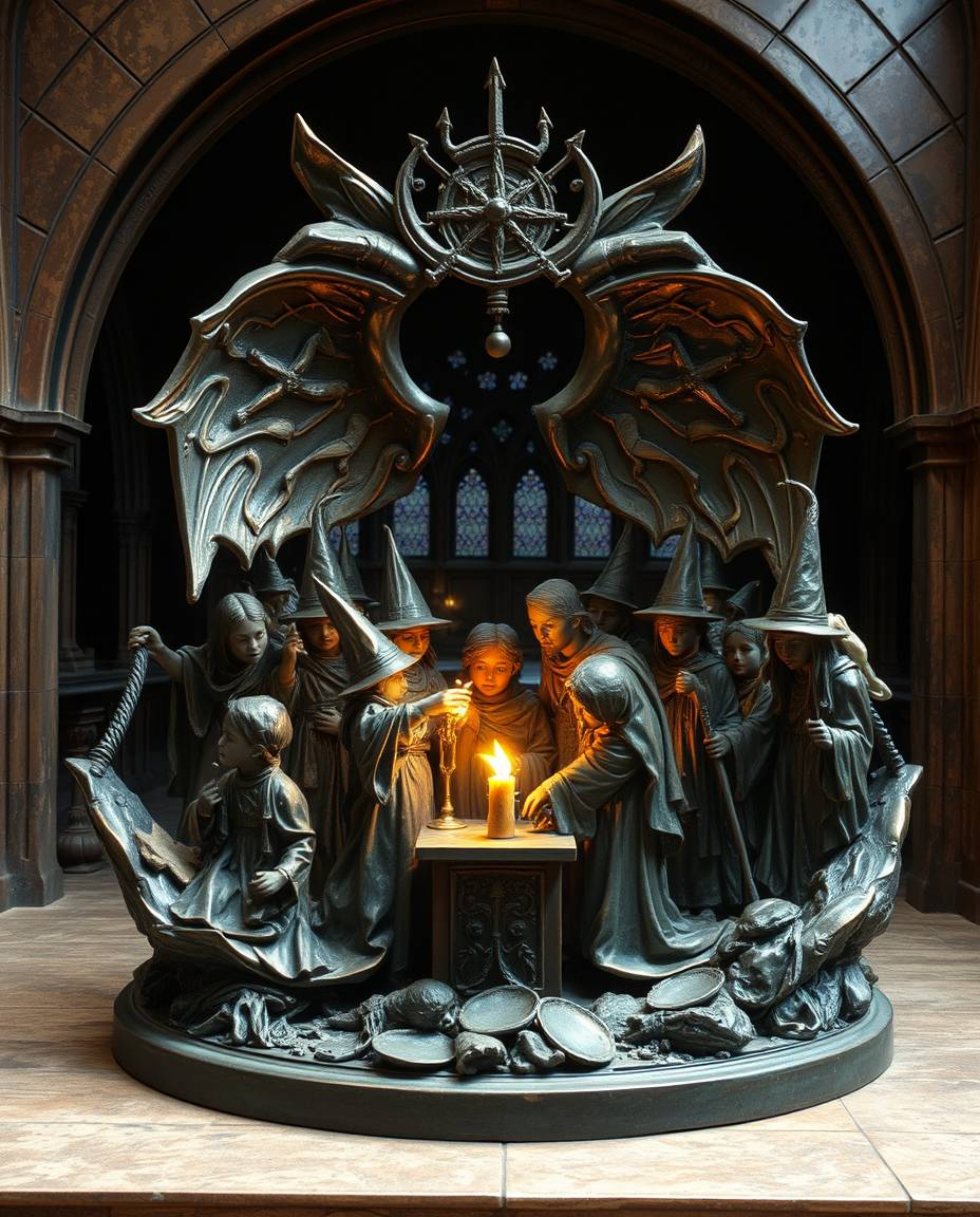 This cast bronze sculpture evokes an ethereal and spiritual vibe, depicting a magical school filled with young wizards. The a