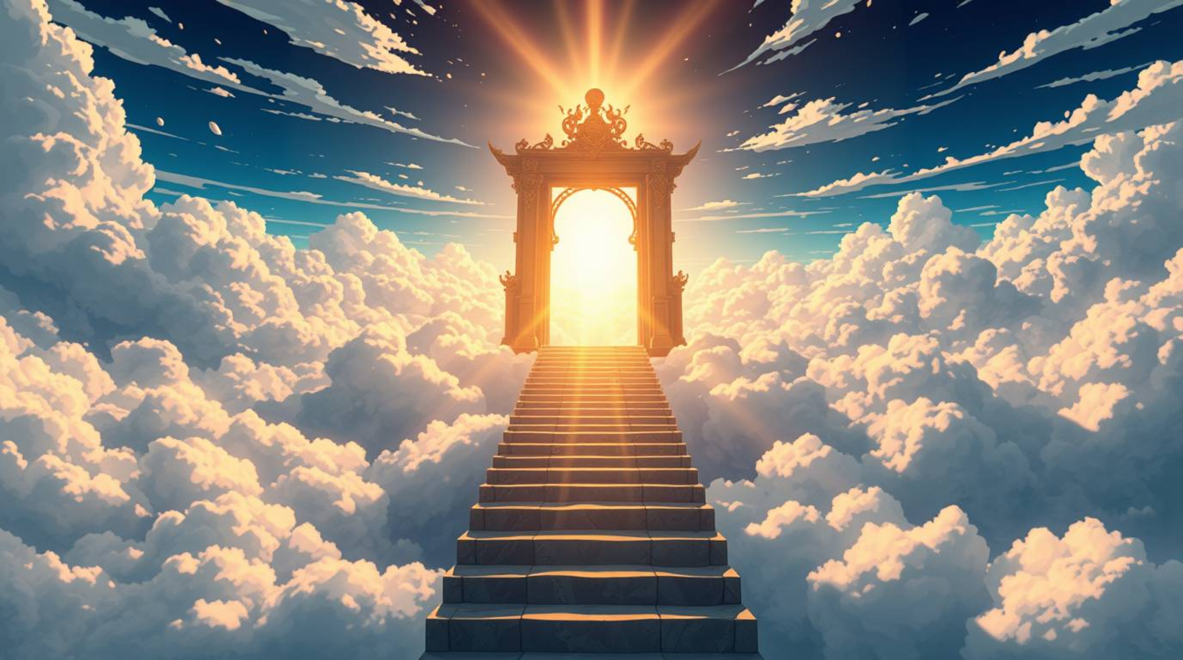 A captivating close-up illustration in the style of Isekai anime depicts a heavenly gate majestically floating above a sea of