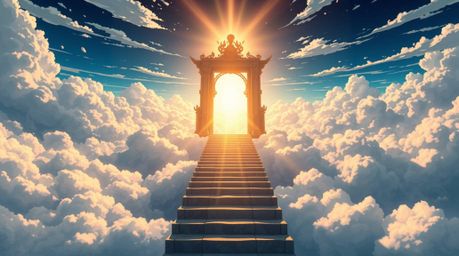 A captivating close-up illustration in the style of Isekai anime depicts a heavenly gate majestically floating above a sea of