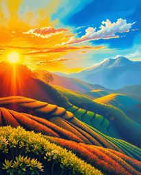 A painting depicting a sunset over terraced tea plantations, brought to life with bright, vibrant colors. This lively and ene